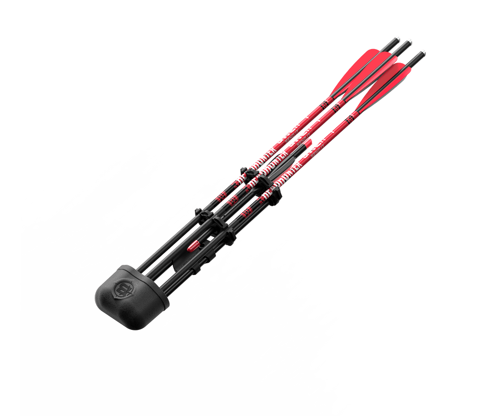 Barnett lightweight quiver holding crossbow arrow with red fletching