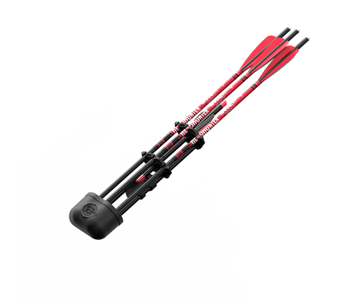 Barnett lightweight quiver holding crossbow arrow with red fletching