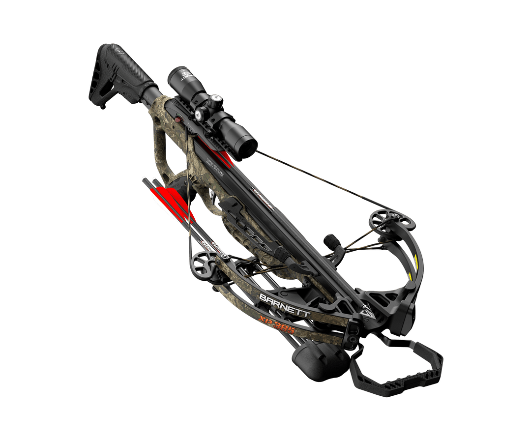 Barnett XP385 Veil Camo crossbow angled view hunting setup